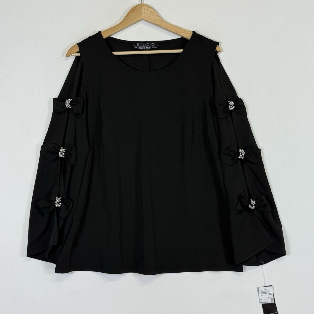 NEW Badgley Mischka‎ Studio Top Women's Large Black Cold Shoulder Pearl Classic